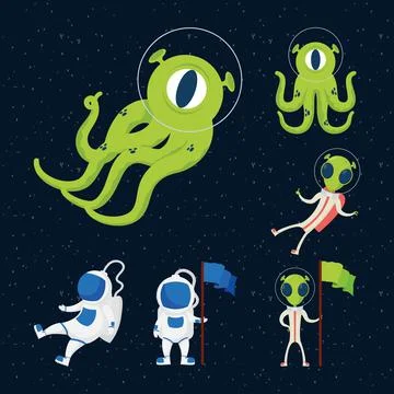 Aliens and astronauts space set icons 스톡 일러스트
