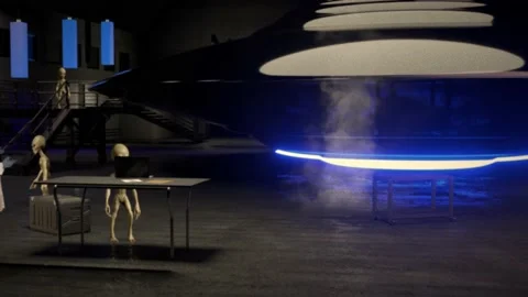 Aliens and Humans Working Together on a Flying Saucer UFO in Hangar Stock Footage 162320565