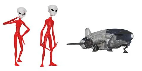 Aliens and intergalactic cargo spacecraft isolated on white background Stock Illustration