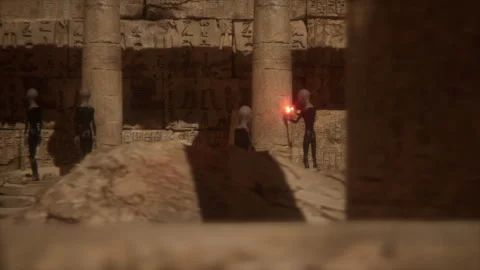 Aliens attempt to decode ancient Egyptian secrets with glowing hand Stock Footage 291668584