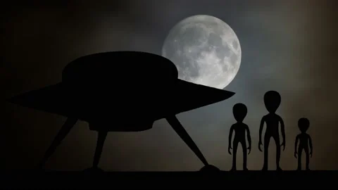 Aliens Figure by Night with Light of Big Full Moon in Background Stock Footage 139866080