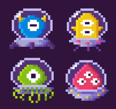 Aliens Floating in Space Pixel Game Graphics Set Illustrazione stock