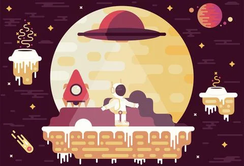 Aliens fly over the astronaut - vector cartoon illustration Stock Illustration