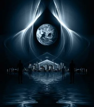 Aliens looking towards distant metropolis Stock Illustration