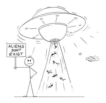 Aliens or UFO Don't Exist, Vector Cartoon Stick Figure Illustration Stock Illustration