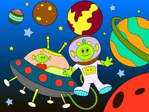 Aliens in space, space background. Children color vector. Stock Illustration