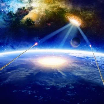 Aliens spaceship hits planet Earth 스톡 일러스트