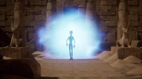 Aliens step through a glowing time portal in the pharaonic temple Stock Footage 292770736