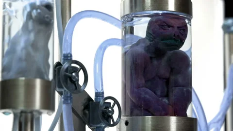 Aliens in test tubes filled with liquid and oxygen with bubbles in a laboratory Stock Footage 122447846