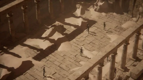 Aliens walking through a pharaonic temple buried in sand and mystery Stock Footage 291689020