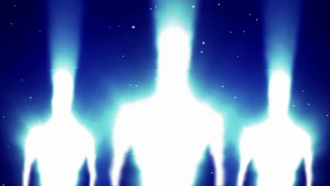 Aliens white silhouettes in rays of light with glitch 2D animation Stock Footage