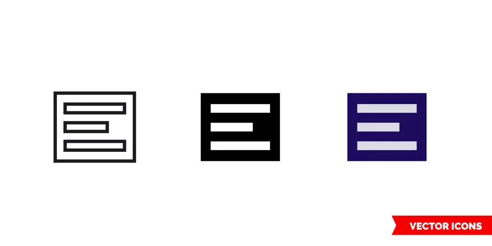 Align text left icon of 3 types color, black and white, outline. Isolated vec Illustrazione stock