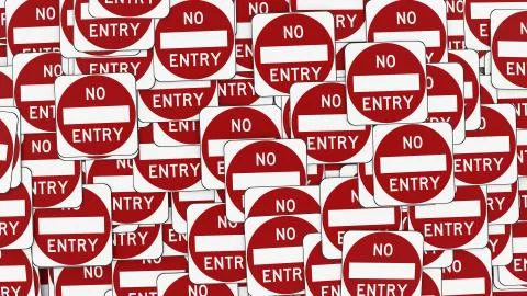 Aligned and Layered Pile of Red and White No Entry Traffic Signs Stock Illustration