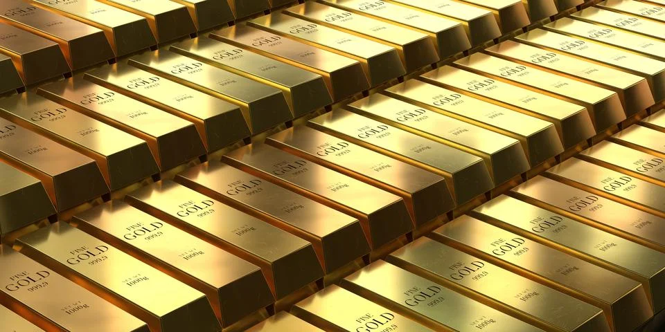 Aligned Gold Bars in Rows - 3d illustration Stock Illustration