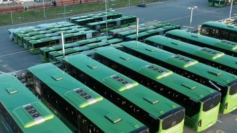 Aligned Green Electric Buses in bus Park, Drone Aerial View. Stavanger, Stock Footage 133033731