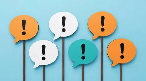 Aligned row of speech bubbles with exclamation points signifies critical or.. Stock Illustration