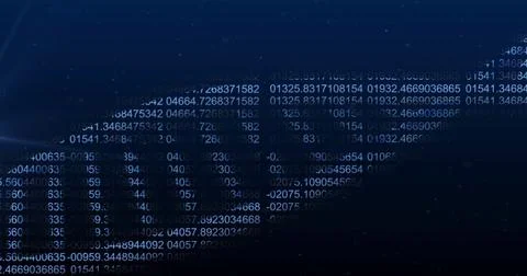 Aligned rows of white alphanumeric data and decimal numbers filling blue-black Stock Photos