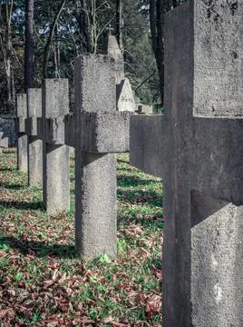 Aligned solid stone crosses in a cemetery. Foto stock