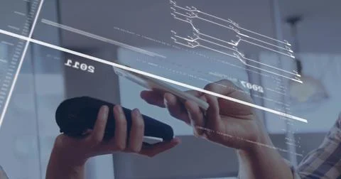 Aligning hands placing scanner, smartphone on office glass with code, plaid Stock-Fotos