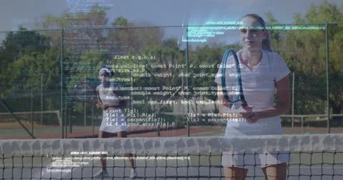 Aligning white player holding racket near net on outdoor tennis court with code Stock Photos