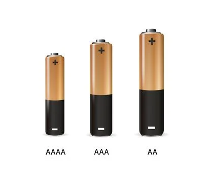 Alkaline batteries realistic set. Types of batteries. Size AA, AAA, AAAA Stock Illustration