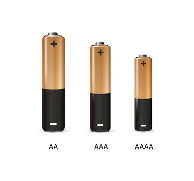 Alkaline batteries realistic set. Types of batteries. Size AA, AAA, AAAA Stock Illustration