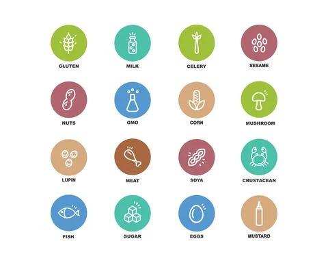All allergens on the menu in different colors. Stock Illustration
