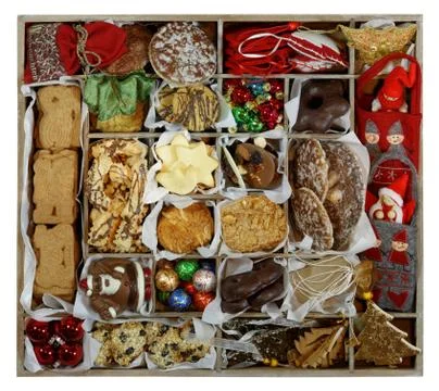 All Christmas Concept: Storage Box width Cookies and Ornaments Stock Photos