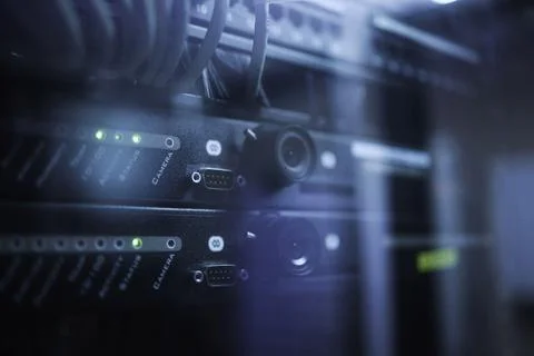 All data gets processed here. Shot of an empty server room. Stock Photos