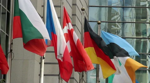 All EU waving flags alphabet Bulgaria, Denmark, Estonia, Germany, click for HD Stock Footage 43864416