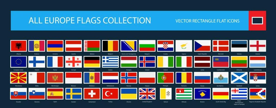 All Europe Flags rectangle flat icons isolated on black イラスト素材