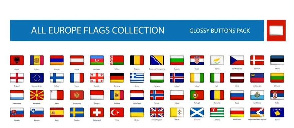 All Europe Flags round rectangle glossy icon isolated on white イラスト素材