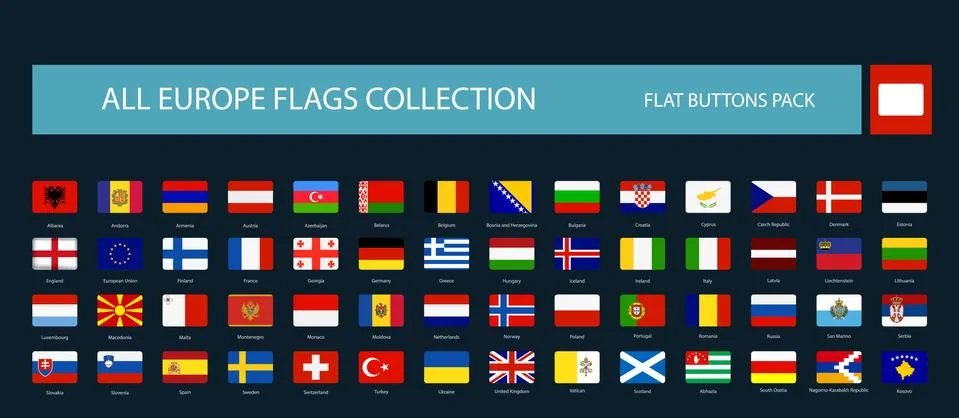 All Europe Flags round rectangle flat buttons isolated on black イラスト素材