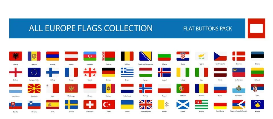 All Europe Flags round rectangle flat buttons isolated on white Illustrazione stock