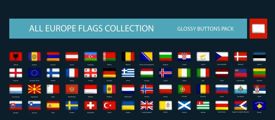 All Europe Flags round rectangle glossy icon isolated on black イラスト素材