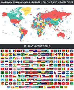 All flags of the world in alphabetical order and Detailed world map with bord Stock Illustration