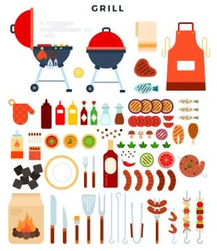 All for grill, big set of elements. Different special tools and food for 스톡 일러스트