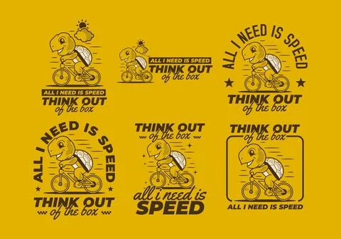 All i need is speed. Retro cute turtle riding a bicycle mascot character il.. Stock Illustration