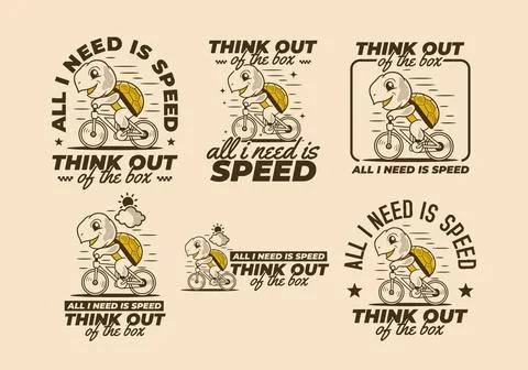 All i need is speed. Retro cute turtle riding a bicycle mascot character il.. Stock Illustration