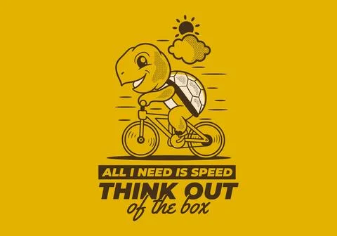All i need is speed. Retro cute turtle riding a bicycle mascot character il.. Stock Illustration