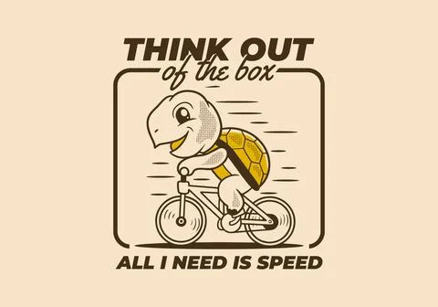 All i need is speed. Retro cute turtle riding a bicycle mascot character il.. Stock Illustration