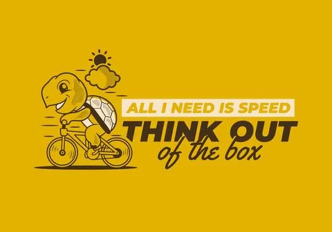 All i need is speed. Retro cute turtle riding a bicycle mascot character il.. Stock Illustration