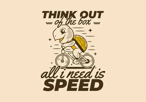 All i need is speed. Retro cute turtle riding a bicycle mascot character il.. Stock Illustration
