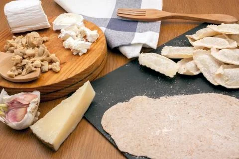 All of the ingredients needed in order to cook raviolli Stock Photos