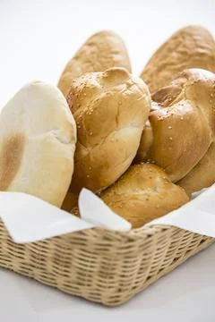 All kind of bread pita bread buns and bread  in a bamboo basket  restaurant menu Stock Photos