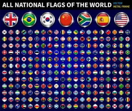 All national flags of the world . Circle metal frame with sparkle design . Bl 스톡 일러스트