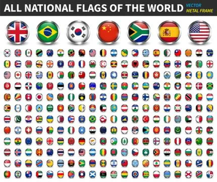 All national flags of the world . Circle metal frame with sparkle design . Wh Stock Illustration
