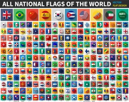 All national flags of the world . Flat color and long shadow design . Vector  Stock Illustration