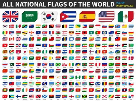 All national flags of the world . Inserted paper flag design . Element vector Stock Illustration
