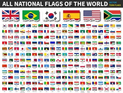 All national flags of the world . Torn paper design . Vector Stock Illustration